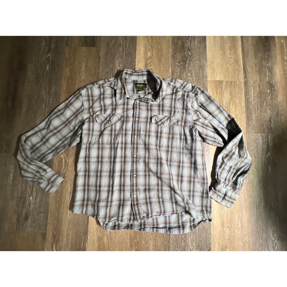 Eddie Bauer Plaid Button Down Mens XL Blue Brown Long Sleeve Snap Pocket